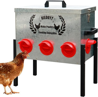 45LB Large Automatic Chicken Feeder, 8 Feeding Ports, No-Waste Poultry Feeder, Squirrel Proof Metal Chicken Feeder, with Adjustable Legs & Locking Lid and Waterproof Panel
