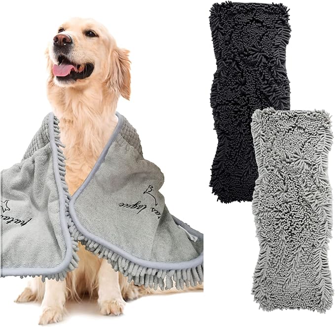 Patas Lague 2 Pack Absorbent Dog Towel for Drying Dogs Large, 35''x15'' Extra Large Microfiber Quick Drying Pet Bath Towel with Hand Pockets, Machine Washable Pet Shammy Grey NavyBlue