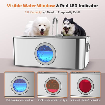 Dog Water Fountain Stainless Steel 12L/410oz/3.2Gal, DYSJ01 Ultra Quiet Pet Water Fountain for Large Dogs Cats & Multi-Pet Home with Water Level Window & LED Indicator
