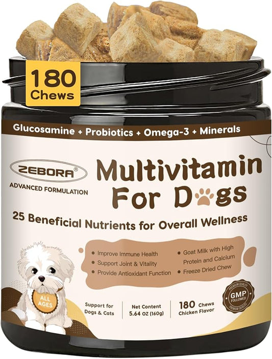 ZEBORA Dog Multivitamin with Probiotics - Dog Vitamins and Supplements - Multivitamin for Dogs with Glucosamine, Omega 3 and Probiotics for Dogs Digestion, Immunity, Joint, Skin and Coat - 180ct