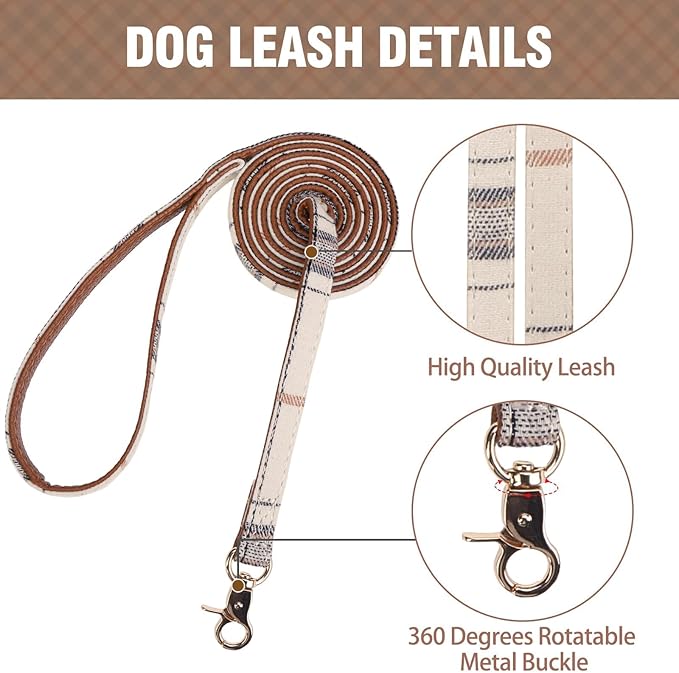 KOOLTAIL Small Dog Collar and Leash Set with Bowtie and Bells - Puppy Collar and Leash for Female/Male with Classic Plaid Matching Pattern, Soft Leather Leashes for Small Dogs Boys Girls, Shirt Plaid