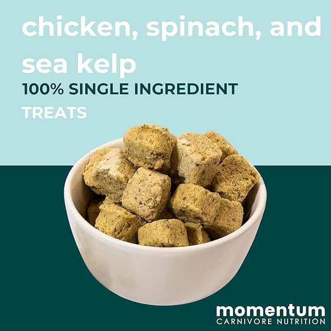 Momentum Carnivore Nutrition Freeze-Dried Chicken, Spinach & Sea Kelp Dog Treats & Cat Treats – Single-Ingredient Recipe, High-Protein, Grain-Free, Natural Superfood Blend – Made in USA – 3 oz Bag