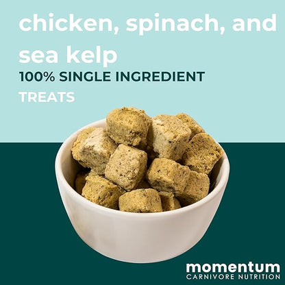 Momentum Carnivore Nutrition Freeze-Dried Chicken, Spinach & Sea Kelp Dog Treats & Cat Treats – Single-Ingredient Recipe, High-Protein, Grain-Free, Natural Superfood Blend – Made in USA – 3 oz Bag