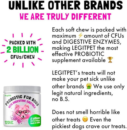 Probiotics for Dogs Natural Digestive Enzymes Prebiotics for Allergy Itch Relief Gut Flora Coprophagia Bowel Support Treatment Anti Diarrhea for Dogs Pet Health Immune System Support 120 Soft Chews