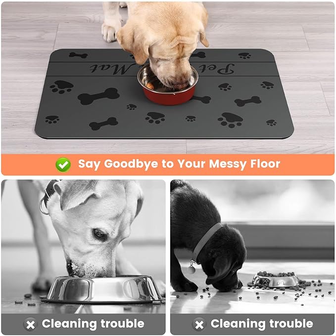 Pet Feeding Mat-Absorbent Pet Placemat for Food and Water Bowl, with Waterproof Rubber Backing, Quick Dry Water Dispenser Mat for Dog and Cat (20"x12", Bones)