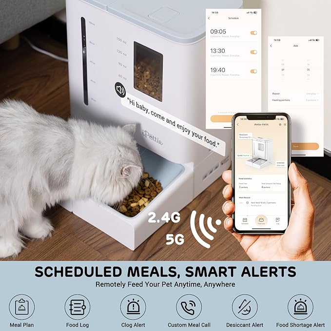 iPettie FW54 5G/2.4GHz WiFi Automatic Feeder and Waterer 2-in-1 Set for Pets, 300 oz Large Capacity for 2 Weeks, Perfect for Working Parents