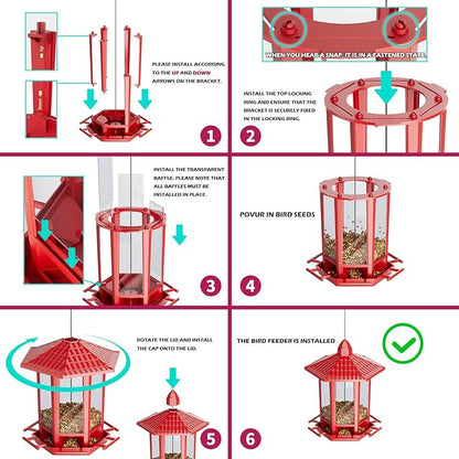 Birdream Bird Feeders for Outdoor Hanging, Fun Installation Pagoda Design Wild Birdfeeder, Attracting Wild Birds Sparrows Finch Cardinal Goldfinch Chickadee - Red