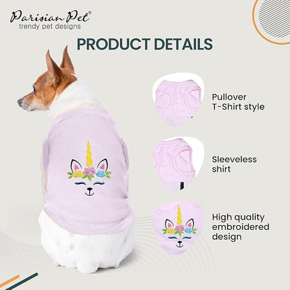 Parisian Pet Dog Tshirt - Embroidered Unicorn Dog Shirt - 100% Cotton, Lightweight Puppy Clothes Female - Sleeveless Pink Dogs Tee Shirts - Shirts for Small Dogs Girl - XS