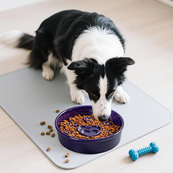 Ceramic Slow Feeder Dog Bowl, 4-Cup Anti-Slip Puzzle Feeder for Medium/Large Dogs, Indoor/Outdoor Pet Bowl for Fast Eaters - Light Blue（Love）