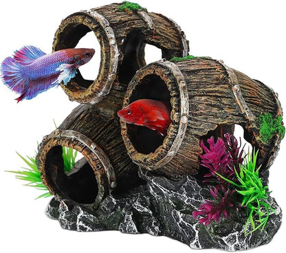 UNEAK - Aquarium Decorations Three Stacked Broken Barrels Fish Tank Decoration Ornament Landscaping Over Rocks Cave Saltwater Freshwater Small & Medium Fish Garden Pond Ornaments Resin