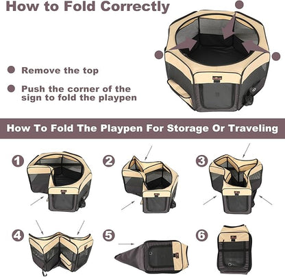 Aivituvin Dog Playpen, Foldable Pet Play Pens with Carrying Bag for Cat, Puppies, Rabbits, Portable Dog Tent Crates Cage for Travel Camping Indoor Outdoor, Removable Shade Cover, Brown S