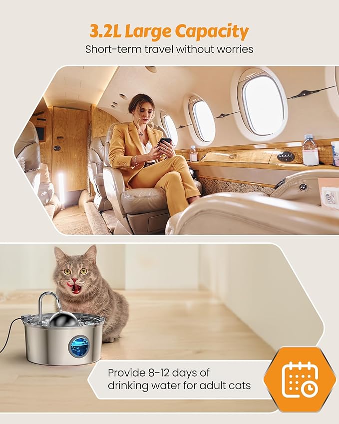AONBOY Cat Water Fountain Stainless Steel, 108oz/3.2L Cat Fountain, Pet Water Fountain with Water Level Window, Hemispherical Shape, Multi-Filter, Silent Pump, Water Tap, Provides Flowing Water