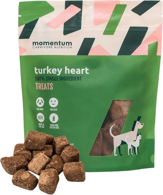 Momentum Carnivore Nutrition Freeze-Dried Turkey Heart Dog Treats & Cat Treats – Single-Ingredient, High-Protein, Grain-Free, Lean & Easily Digestible – Made in USA – 3 oz Bag