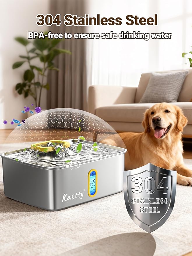 Kastty 15L/3.96 Gal Stainless Steel Dog Water Fountain, Large Capacity Dog Water Bowl Dispenser Quiet LED Light Triple Filtration Cat Water Fountain,Pet Water Fountain Easy Clean Yellow FS78