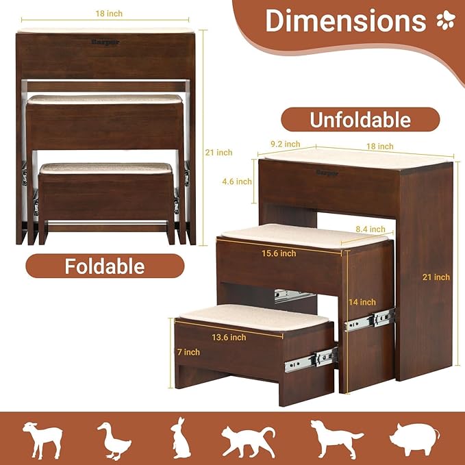 Dog Steps for Bed, 21 Inch Foldable Pet Stairs, Wooden Furniture Style Cat Stairs for Couch, No Installation 3 Tier