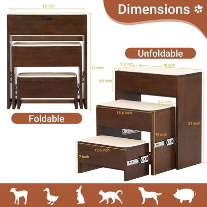 Dog Steps for Bed, 21 Inch Foldable Pet Stairs, Wooden Furniture Style Cat Stairs for Couch, No Installation 3 Tier