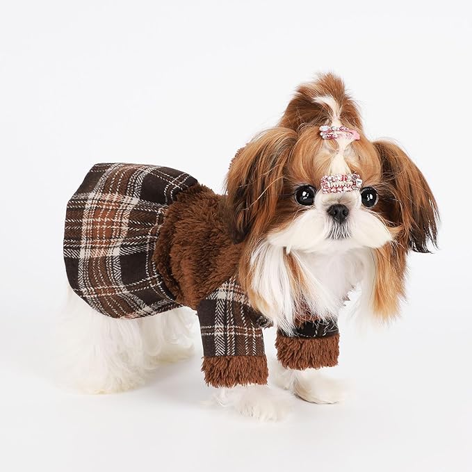 Dog Dress, Cute Warm Fleece Hooded Sweater for Small Dogs Girl, Plaid Puppy Dresses Clothes Chihuahua Yorkie Cat Apparel （Brown,S