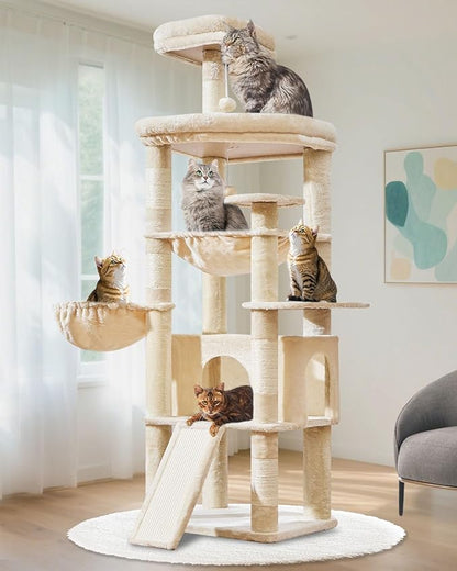 Taoqimiao 72 Inches Cat Tree for Large Cats, Multi-Level Tall Cat Tower, Widened Cat Condo with Large Scratch Board, 5 Scratching Posts, Metal Hammcock, Cozy Basket, Beige, MS045M