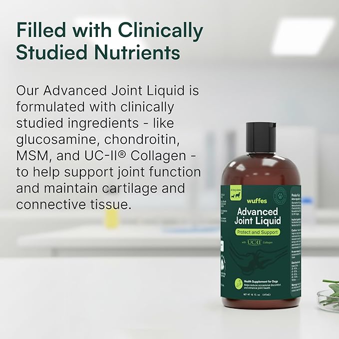 Wuffes Advanced Joint Liquid for Dogs, Hip & Joint Support Supplement with Glucosamine, Chondroitin, UC-II® Collagen, and MSM, for Small & Large Breeds, 16 Oz