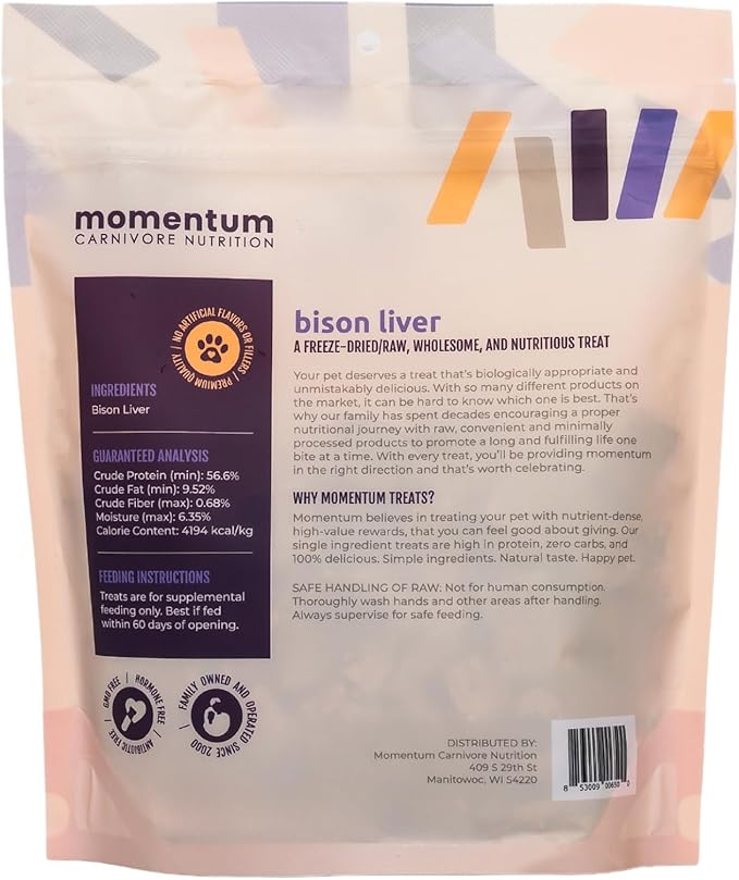 Momentum Carnivore Nutrition Freeze-Dried Bison Liver Dog Treats & Cat Treats – Single-Ingredient, High-Protein, Grain-Free, Lean Novel Protein – Made in USA – 4 oz Bag