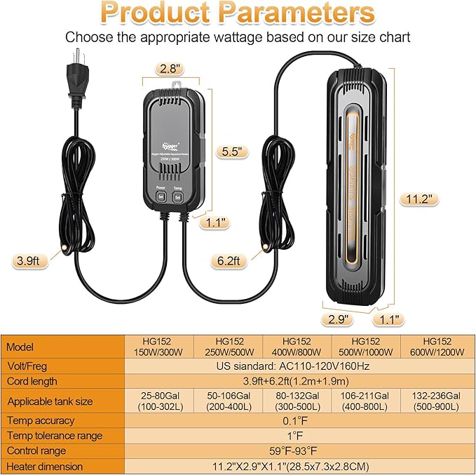 hygger Aquarium Heater, 400W/800W Adjustable Power Fish Tank Heater with Digital Display External Controller, Automatic Power-Off Protection Heater for 80-132 Gallons Freshwater and Saltwater Tank