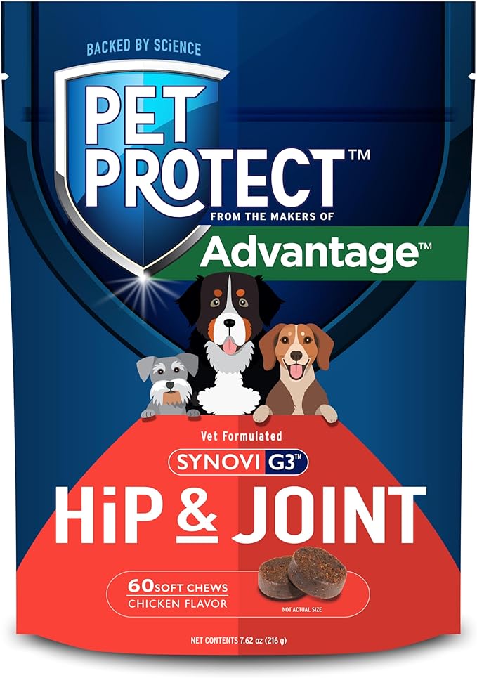 Pet Protect Dog Hip & Joint Supplement for Occasional Joint Stiffness, Vet-Formulated Synovi G3, Dog Glucosamine, Chicken-Flavored Soft Chews (60 Count)