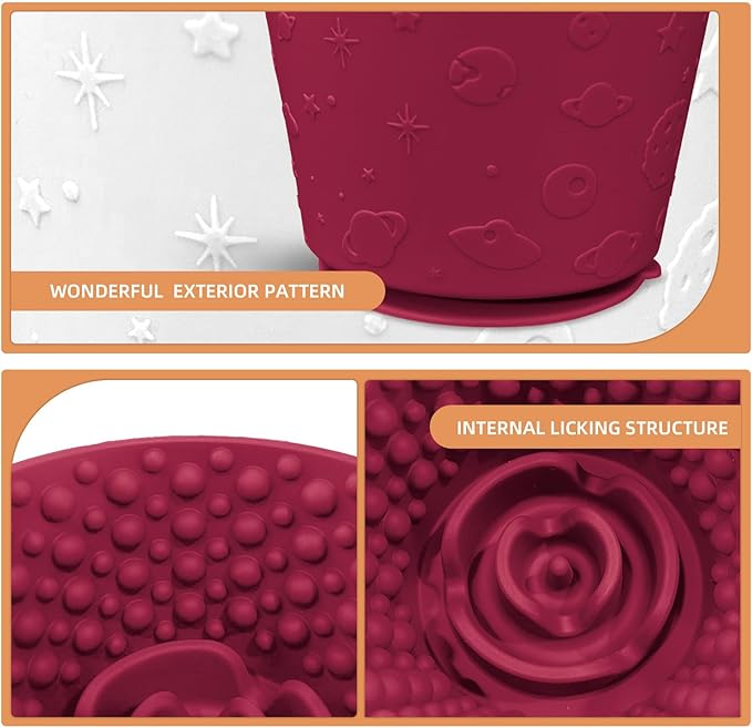 Dog Lick Bowl with Brush and Scraper, Anxiety Relief Silicone Slow Feeder Treat Dispenser, Anti-chocking Pet Dish, Non-Slip Interactive Entertainment Dog Puzzle Toy for Medium & Large-Dark Red