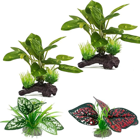 Moonorange Reptile Artificial Plants, Terrarium Plants Decorations Supplies, Aquarium Fish Tank Plant, Amphibian Habitat Hideout Tank Accessories(M Set-4pcs/E)