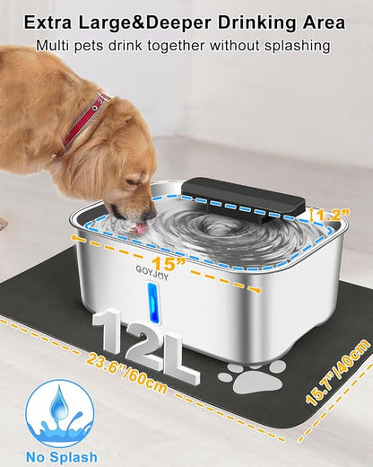 Dog Water Fountain for Large Dogs,3 Gallon Stainless Steel Dog Water Bowl Fountain,Large Pet Water Drinking Fountain with Deeper Drinking Area,Swirling Filtration Design with Fresher & Cleaner Water