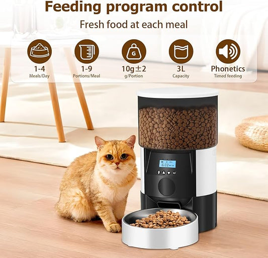 Ducksky Automatic Cat Feeder, 3L Timed Dog Food Dispenser, Auto Dry Food Feeders for Pets, Programmable Portion Control, 4 Meals/Day, Dual Power Supply, 10s Voice Recorder (White and Black - Basic)