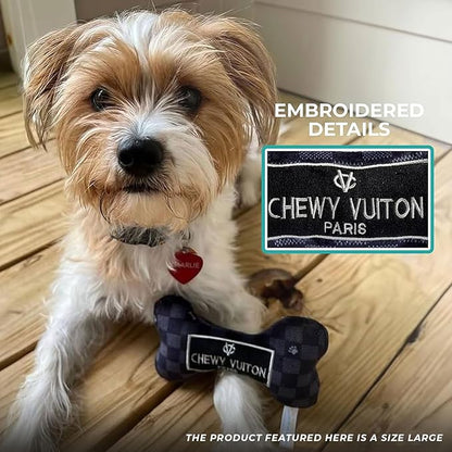 Haute Diggity Dog Black Checker Chewy Vuiton Bone, Plush Designer Dog Toys with Interactive Squeaker, Stimulating Pet Enrichment, Machine-Washable & Safe Materials for All Breeds, Size Large