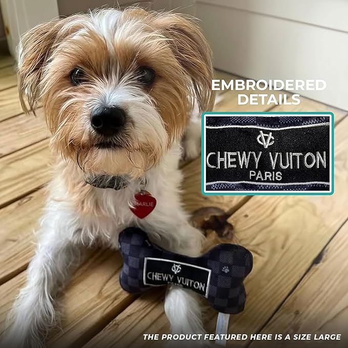 Haute Diggity Dog Black Checker Chewy Vuiton Bone, Plush Designer Dog Toys with Interactive Squeaker, Stimulating Pet Enrichment, Machine-Washable & Safe Materials for All Breeds, Size XL
