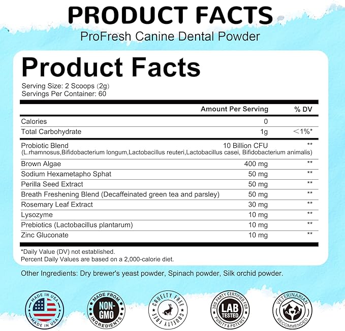 Dog Teeth Cleaning Powder, Dog Dental Powder for Teeth Cleaning and Dog Breath Fresh, Bad Breath Fresher & Tartar Remover with Enzyme, Probiotics. Plaque Off Pet Tooth Cleaning 120 Grams 60 Servings