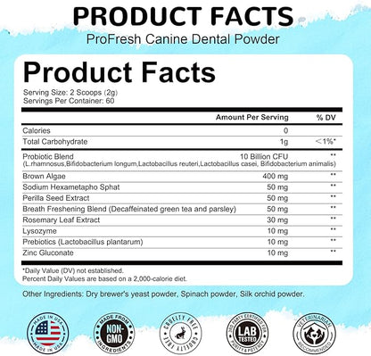 Dog Teeth Cleaning Powder, Dog Dental Powder for Teeth Cleaning and Dog Breath Fresh, Bad Breath Fresher & Tartar Remover with Enzyme, Probiotics. Plaque Off Pet Tooth Cleaning 120 Grams 60 Servings
