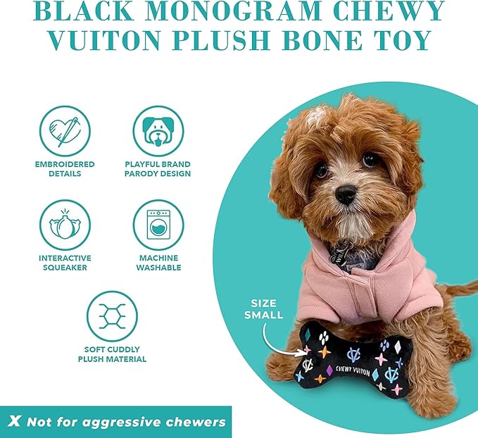 Haute Diggity Dog Black Monogram Chewy Vuiton Bone, Plush Designer Dog Toys with Interactive Squeaker, Stimulating Pet Enrichment, Machine-Washable & Safe Materials for All Breeds, Size Small