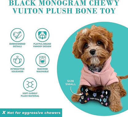 Haute Diggity Dog Black Monogram Chewy Vuiton Bone, Plush Designer Dog Toys with Interactive Squeaker, Stimulating Pet Enrichment, Machine-Washable & Safe Materials for All Breeds, Size Small