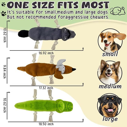Squeaky No Stuffing Dog Toys, 3 Pack Rope Toys for Teething, Crinkle Plush Toys to Keep Them Busy, Tug Interative Dog Toys for Small Medium Large Breed.Not for Aggressive Chewers.