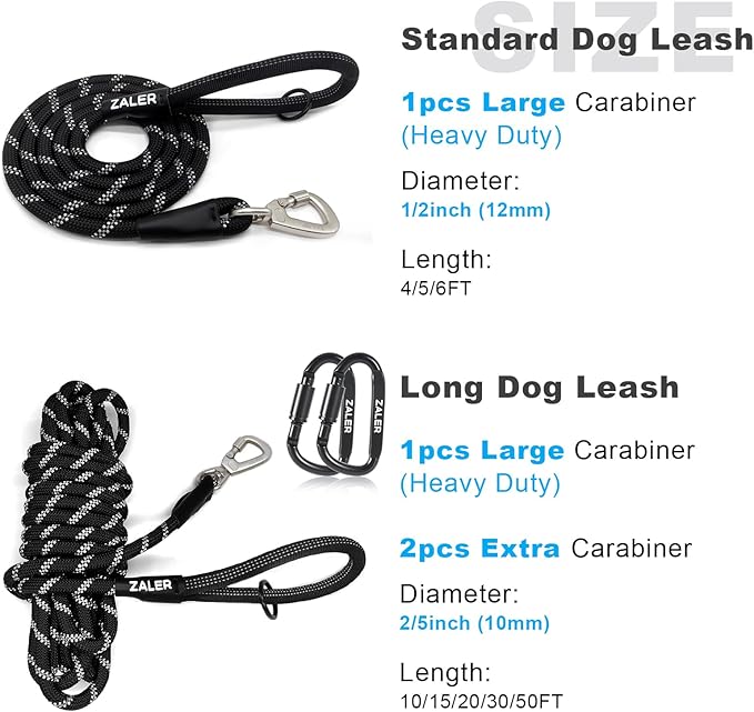 ZALER Long Dog Leash, 50 feet 30ft 20ft 15ft 10ft Dog Training Lead, Heavy Duty Check Cord Recall Leash for Dogs Training, Playing, Camping, or Backyard (20FT, Black Purple)