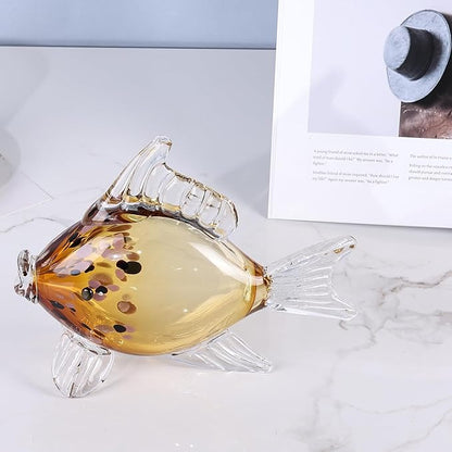 LCCCK Large Hand Blown Glass Fish Figurines, Aquarium Sea Glass Art, Fish Statue Sculpture Modern Coastal Accent - for Beach Knick Knacks, Coffee Tables, Nautical Offices Centerpiece (Gold)