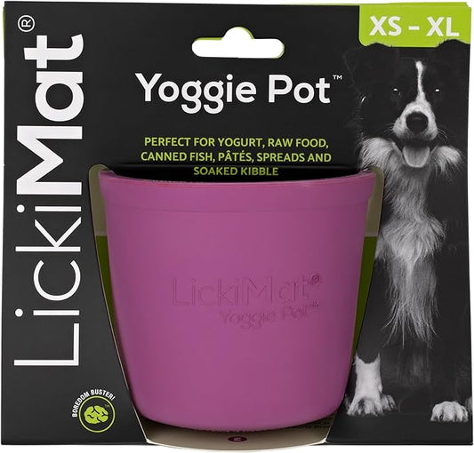 LICKIMAT Yoggie Pot – Distraction, Fun and Enrichment. Long Lasting Rubber Licking Treat Dispenser for All Dog Sizes and Slow Feeder for Small Dogs - Purple