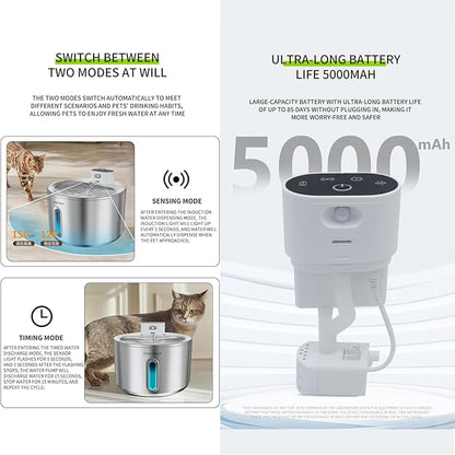 Wireless Cat Water Fountain Stainless Steel, 135oz/4L Cat Fountain, Battery Operated, Cordless Pet Water Fountain for Cats & Dogs with Motion Sensor, Ultra Quiet Pump, 12 Filters (SS, 4L)