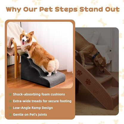 Dog Stairs for Small Dogs and Cats, 16" H 3 Steps Pet Steps Ramp for High Bed, Couch, Sofa, Waterproof Pet Stairs with Removable Washable Cover, Non-Slip Bottom, Dark Gray
