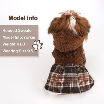 Dog Dress, Cute Warm Fleece Hooded Sweater for Small Dogs Girl, Plaid Puppy Dresses Clothes Chihuahua Yorkie Cat Apparel （Brown,S