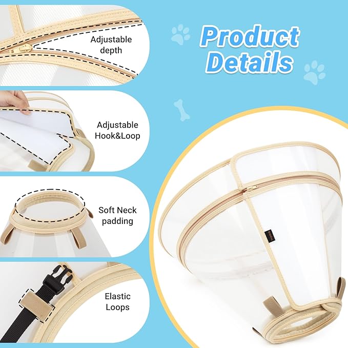 Dog Cone to Stop Licking, Clear Recovery Collar with Detachable Zipper, Sturdy Elizabethan Collar for Large Medium Small Dogs, Soft Adjustable Cone After Surgery Patented, Khaki S