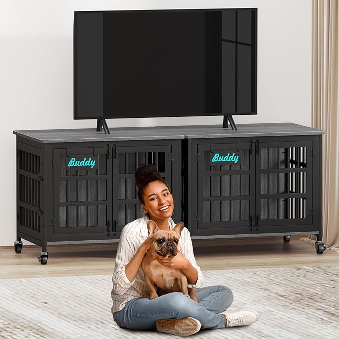 EasyCom 33"/27" Dog Crate Furniture with Name Tag, Heavy Duty Dog Kennel Indoor for Medium and Small Dogs, Double-Doors Sturdy Metal Dog Cage, Decorate House as TV Stand, End Table, Bedside Table