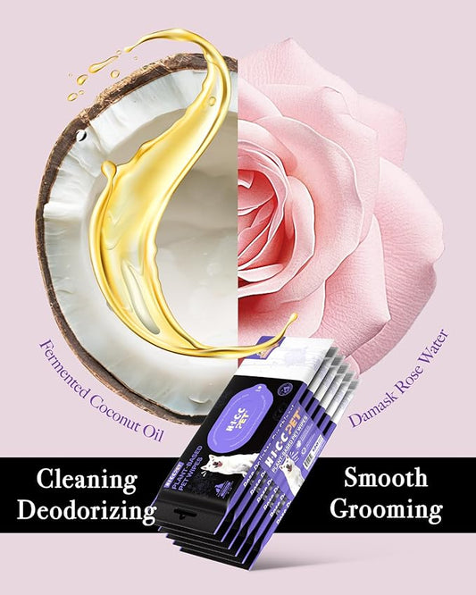 HICC PET Cleaning Deodorizing Wipes for Dogs & Cats, Vet Recommended Nourishes Smoothes Fur Pet Grooming Wipes with Fermented Coconut Oil, Hypoallergenic Plant-Based Wipes for Horse Skin, Coat & Hoof