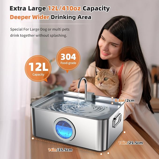12L/3.2Gal Dog Water Fountain Stainless Steel with Silicone Mat & 3 Set Filters, DYSJ01 Dog Fountain Water Bowl for Large Dogs Cats & Multi-Pet Home with Water Level Window & LED Indicator