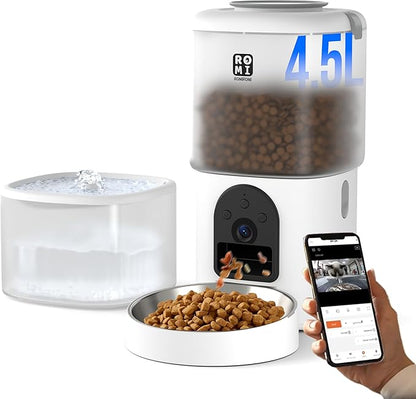 Romiromi 7L 2-in-1 Automatic Cat Feeder with Camera and Water Fountain Dispenser 1080P HD Video 2.4G&5G WiFi Timed Auto Feeder with APP Control,Multiple Cats, Detachable for Easy Clean-White