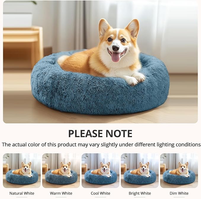 JOLLYVOGUE Small Dog & Cat Beds for Indoor Cats, Donut Cuddler Warming Soft Dog Beds with Anti-Slip Bottom, Round Calming Fluffy Plush Faux Fur Cushion Bed for Medium Dogs (27", Blue)