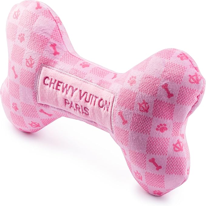 Haute Diggity Dog Pink Checker Chewy Vuiton Bone, Plush Designer Dog Toys with Interactive Squeaker, Stimulating Pet Enrichment, Machine-Washable & Safe Materials for All Breeds, Size XL